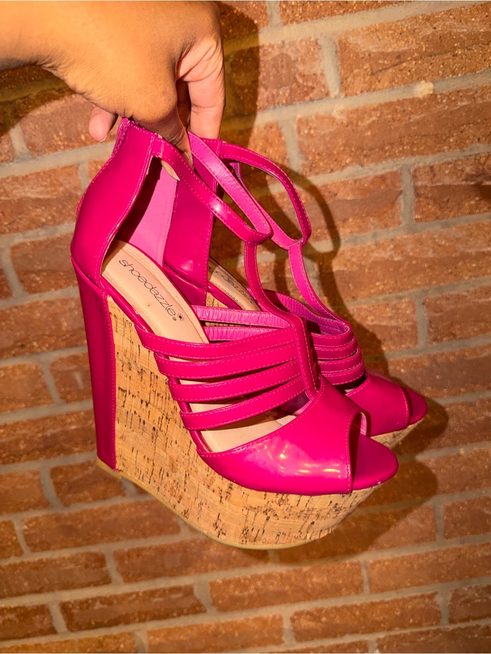 Shoe Dazzle Hot Pink Strappy Cork Platform Wedge Sandals - Picture 4 of 7